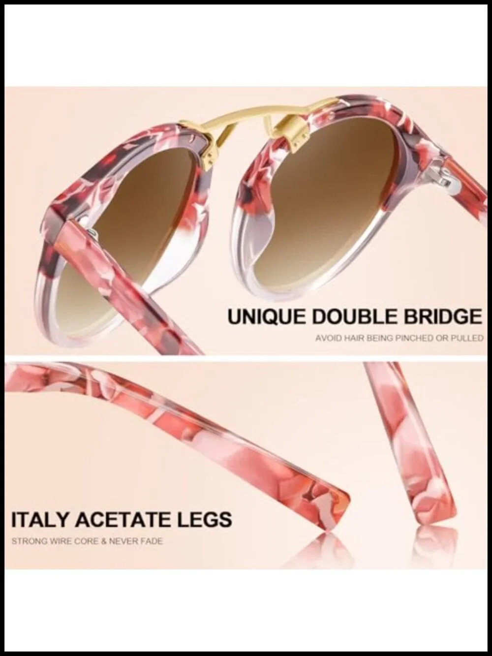 Round Acetate Sunglasses for Women UV Protection Retro Metal Brow